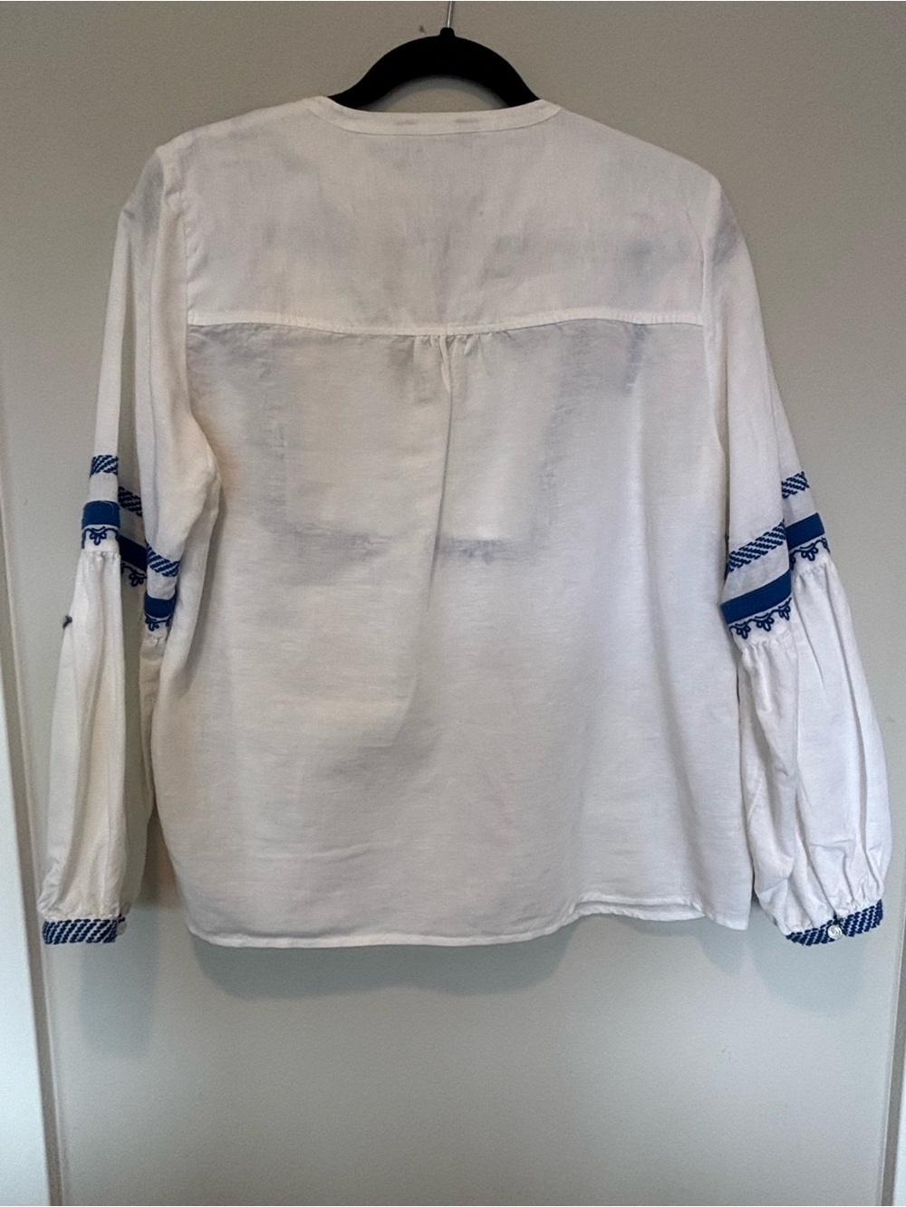 J. Crew White Linen Peasant Blouse with Blue Embroidery - Picture 2 of 4